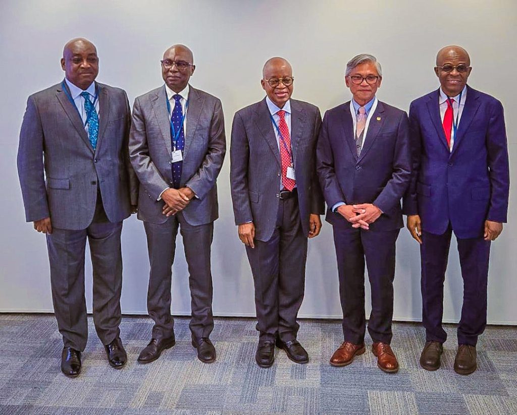 L-R: Director, Maritime Safety and Security, Federal Ministry of Marine and Blue Economy, Babatunde Bombata; Director-General, Nigerian Maritime Administration and Safety Agency (NIMASA), Dr. Dayo Mobereola; Minister of Marine and Blue Economy, Adegboyega Oyetola; President, World Maritime University, Professor Maximo Mejia Jr and Managing Director, Nigerian Ports Authority (NPA), Dr. Abubakar Dantsoho, when Oyetola met with global maritime leaders and stakeholders as part of Nigeria's campaign for election into Category C of the International Maritime Organization (IMO) Council in London on Wednesday.