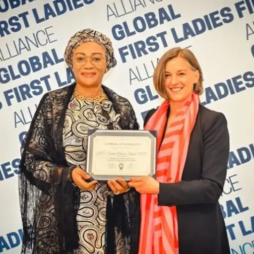 First Lady of Nigeria, Sen. Oluremi Tinubu receiving certificate of participation from Founder of Global First Ladies Alliance Senator Cora Neumann at the end of the three-day academy held in New York.